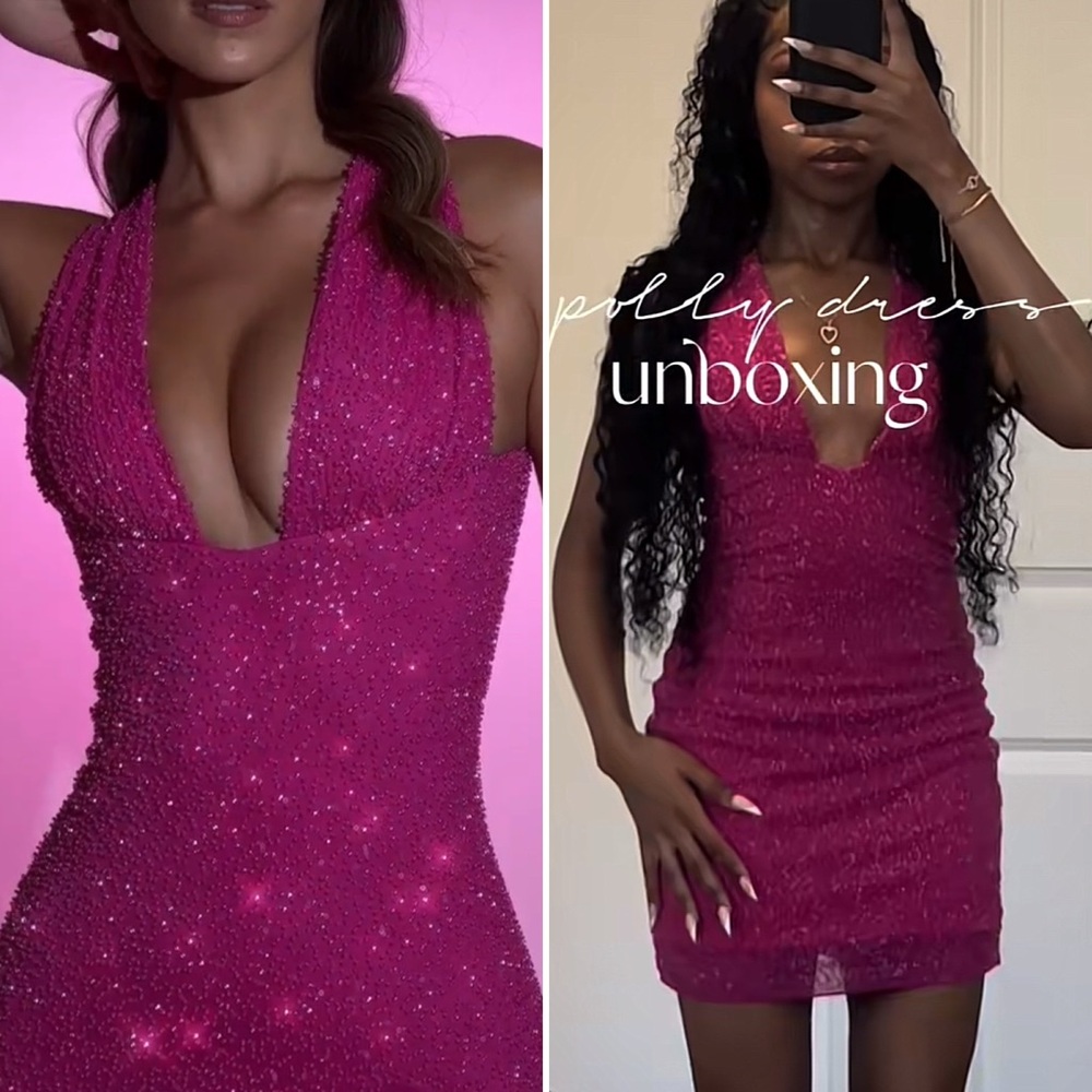 NWT Oh Polly Cassis Fully Beaded Embellished Plunge Neck Mini Dress in Pink US 8 - Picture 5 of 12